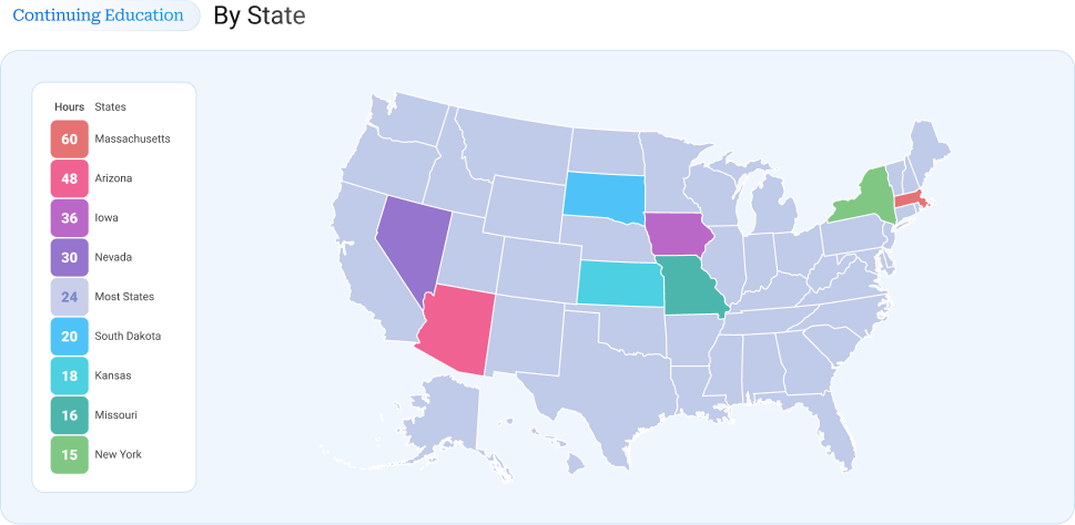 U.S. map showing continuing education hour requirements for insurance producers by state, with higher-hour states highlighted separately from most states.